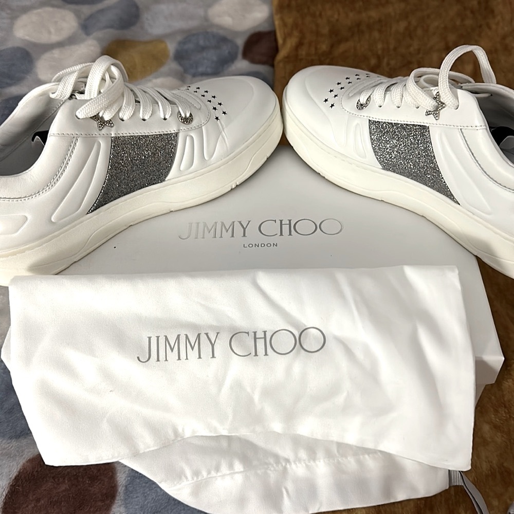 Women's White Hawaii/f Glitter-trimmed Leather Sneakers